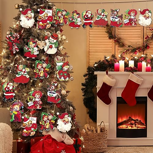 Image of 24 Pcs Christmas Wood Hanging Ornaments Vintage Christmas Decorations for Tree Xmas Santa Claus Bell Candy Cane Wood Cutout Winter Hanging Tag Sign for Xmas Tree Party Holiday