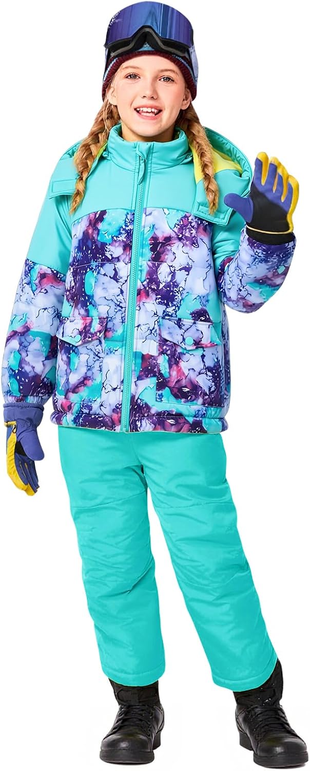 Haloumoning Girls 2 Piece Snowsuit Kids Waterproof Fleece Lined Ski Jacket and Snow Bibs Overalls Set 5-14 Years Haloumoning Girls 2 Piece Snowsuit Kids Waterproof Fleece Lined Ski Jacket and Snow Bibs Overalls Set 5-14 Years