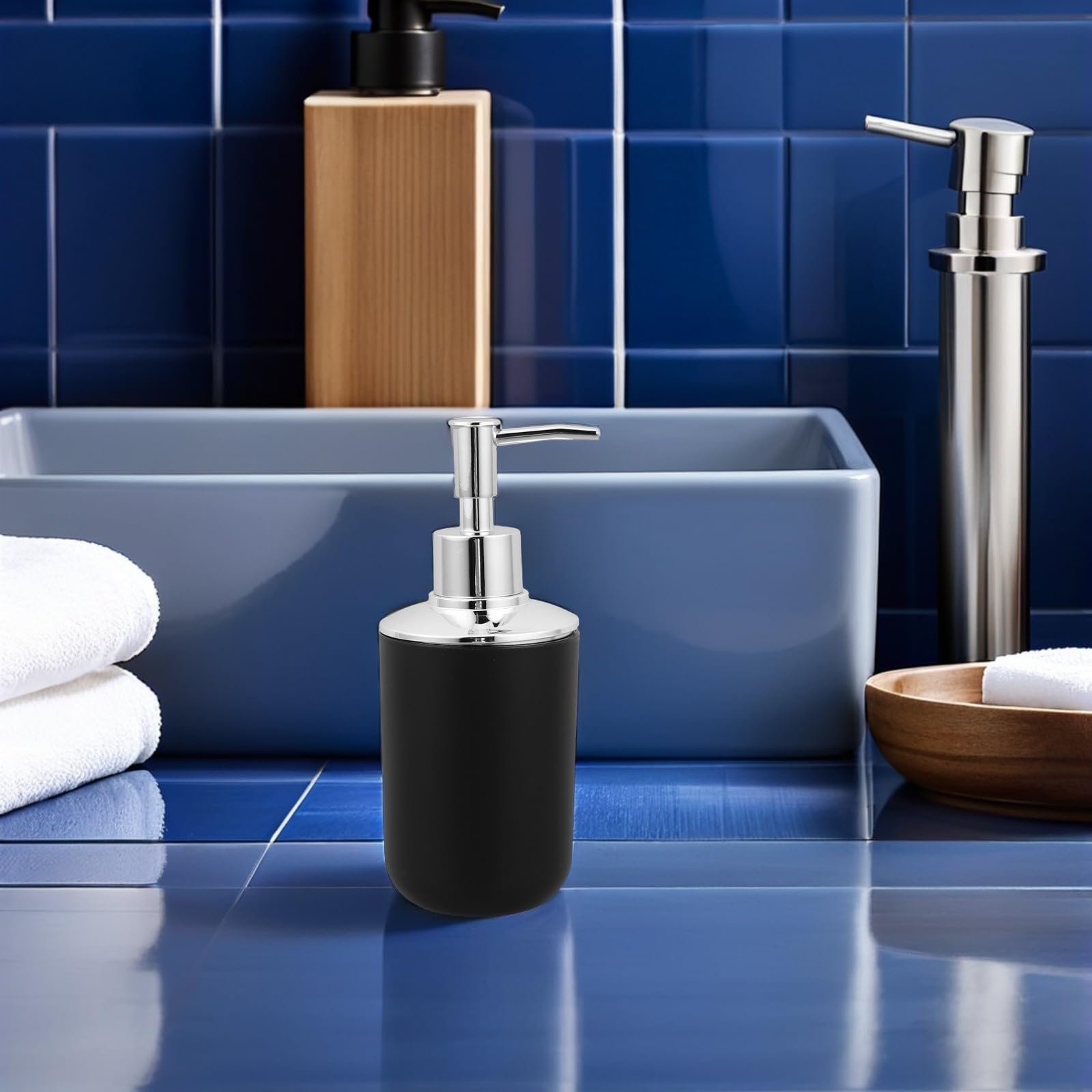 Set de Accesorios de Baño Negro de 6 Piezas con Dispensador de Jabón, Soporte para Cepillo de Dientes y Escobilla, Diseño Elegante y Material Plástico para Baño