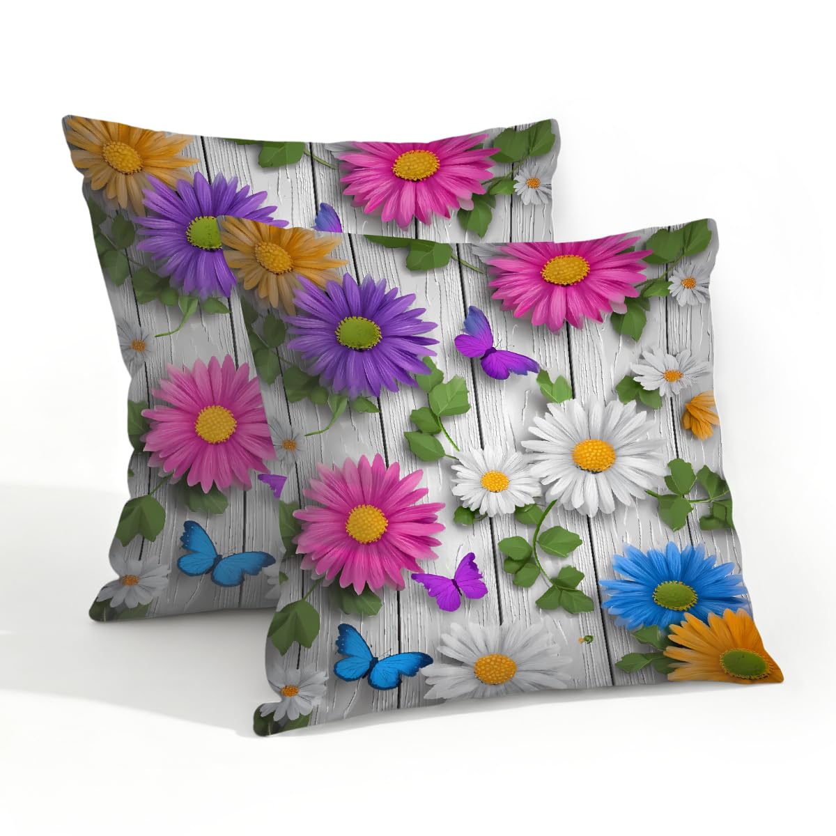 Outdoor Pillow Covers Waterproof Pillowcases 20x20in Set of 2 Spring Daisy Flower On Gray Wooden Decorative Throw Cushion Case for Couch Sofa Garden Patio Furniture
