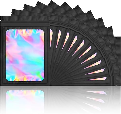 100 bolsas de mylar a prueba de olores, bolsa de embalaje holográfico resellable con ventana transparente para almacenamiento de alimentos,