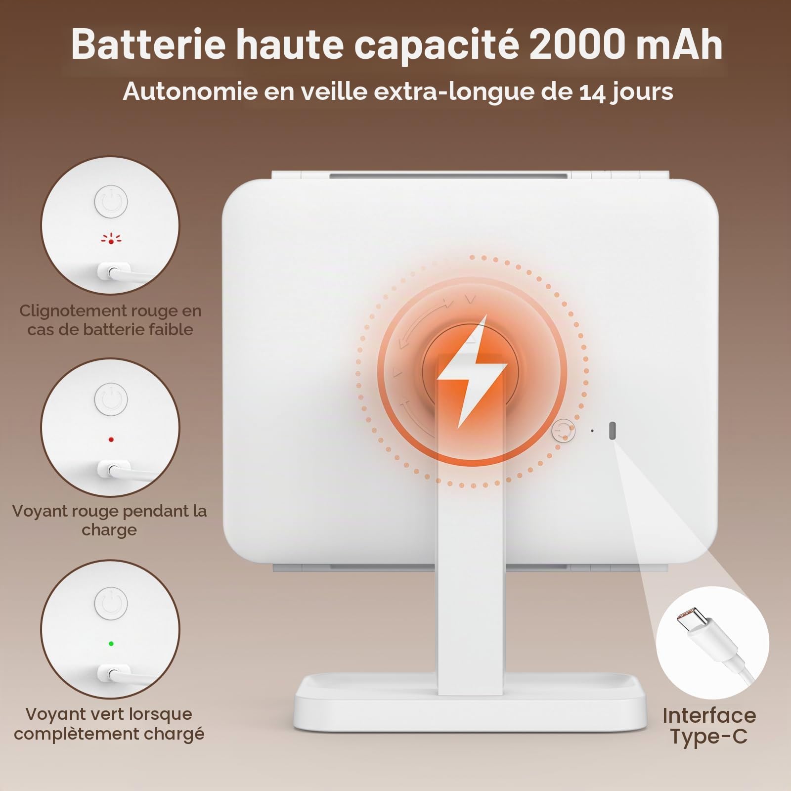 EASEHOLD Miroir de maquillage avec lumières 38 LED miroir grossissant 1 x 2 x 5 x 10 x miroir pliable avec écran tactile rotation de 180 degrés double alimentation gradateur miroir cosmétique éclairé