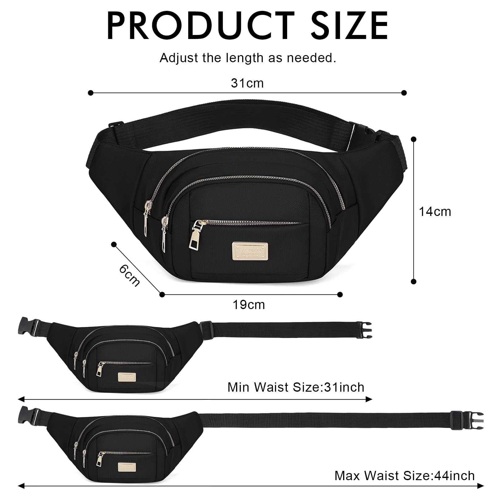 ADUDVLO Bumbags for Ladies Women Men Lightweight Adjustable Bum Bag Fanny Pack with 4 Zipper Pockets,Fashionable Waist Pack for Travel, Running, Hiking, Cycling (Black) — view 3