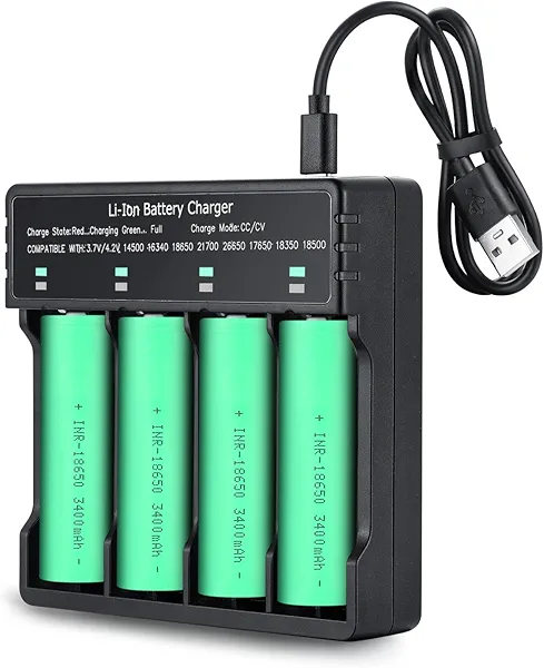 4 Pack 3.7 Volt 18650 Battery (Button Type) Rechargeable and 4-Slot Battery Charger Set, 3400mAh Batteries for Flashlights, Headlamps, RC Cars, Outdoor Garden Lights and More.