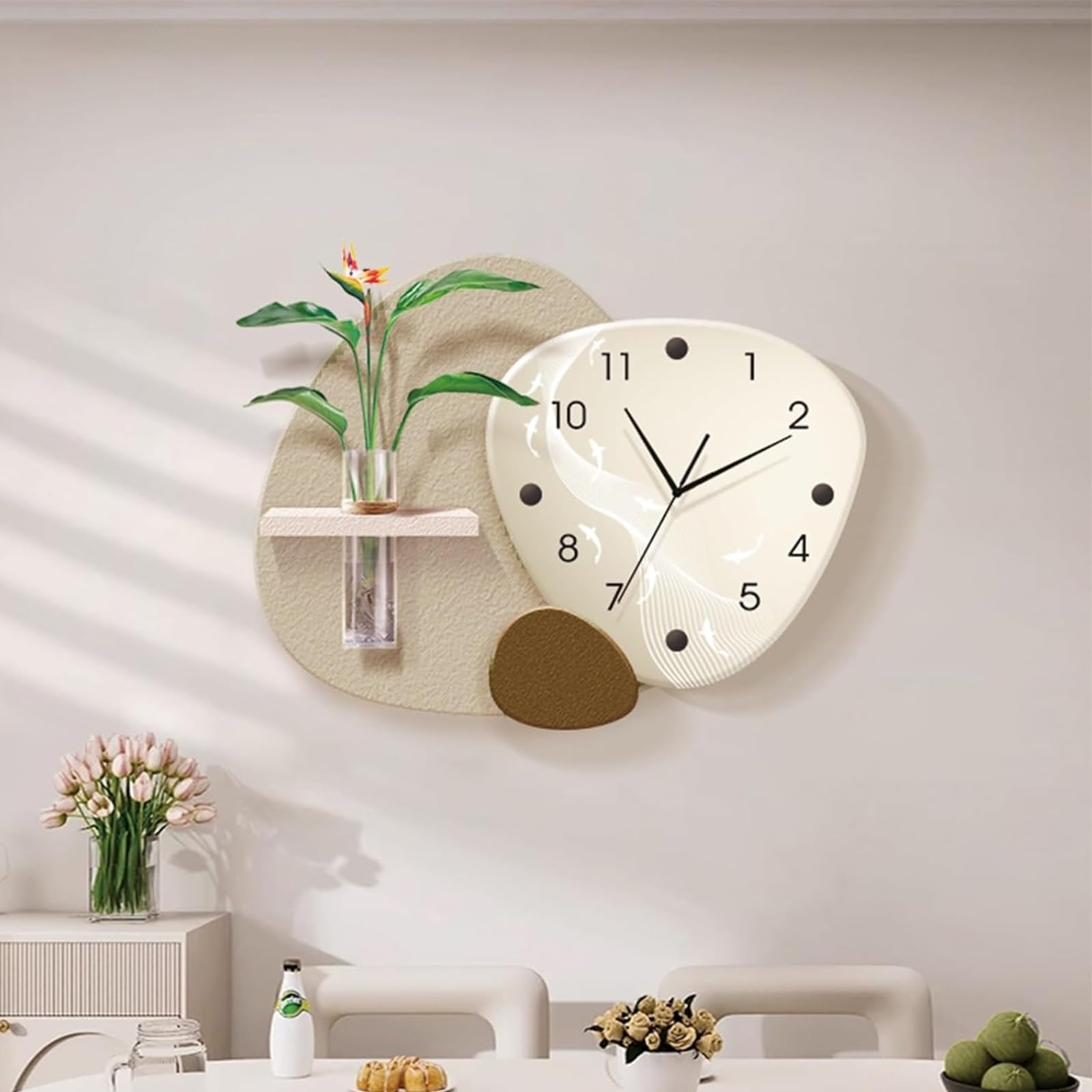 ITOSUI Modern Art Decor Clock with 3D Glass Vase,Stylish Creative Wall Art for Living Room,Silent Non-Ticking Decorative Wall Clocks,for Living Room Bedroom Dining Room(Beige Ordinary,15.7x11.8in)