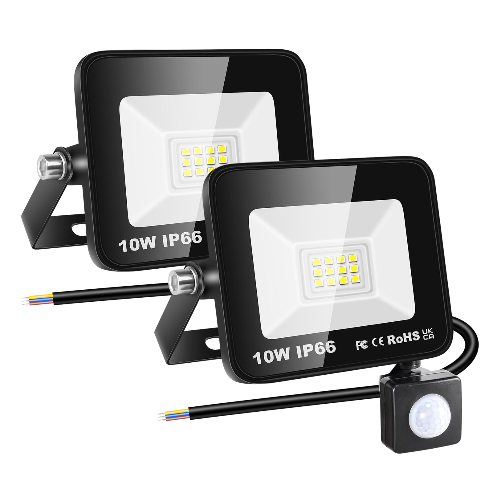 RIGIDON 2x 10W 1000lm focos led exterior con sensor movimiento PIR, 6000K | sin enchufe, blanco frío, foco proyector, IP66 impermeable, seguridad, floodlight, para patio jardín garaje caminos entrada