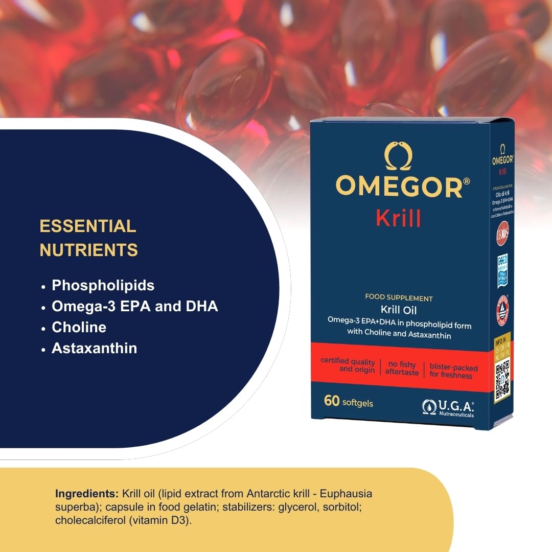 Aceite de Krill Omega 3 IFOS Certificado - OMEGOR Krill Oil Omega3 EPA y DHA con Fosfolípidos, Colina y Astaxantina de Alta Biodisponibilidad - sin Sabor a Pescado (60 Cápsulas)