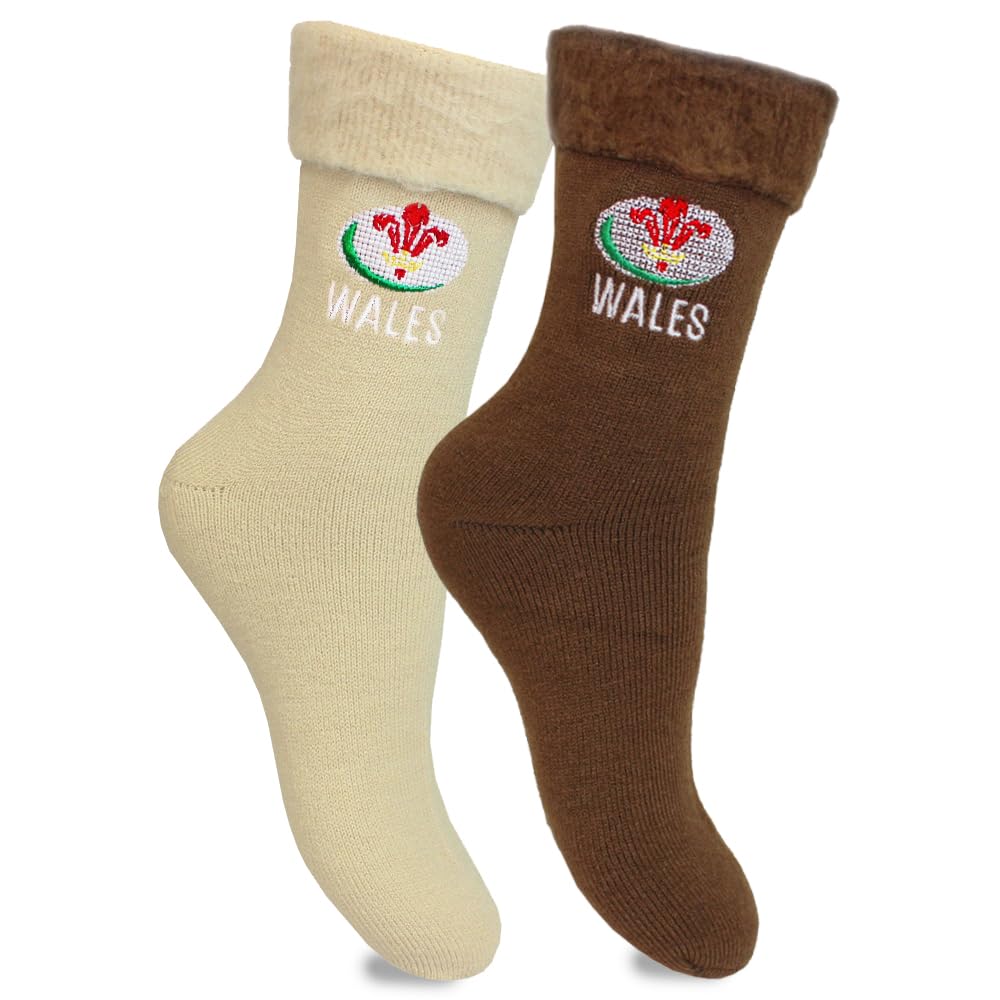 Teddyt's Men's Sand & Walnut Wales Rugby Welsh Feathers Thermal Bed Socks (2 Pair Pack)