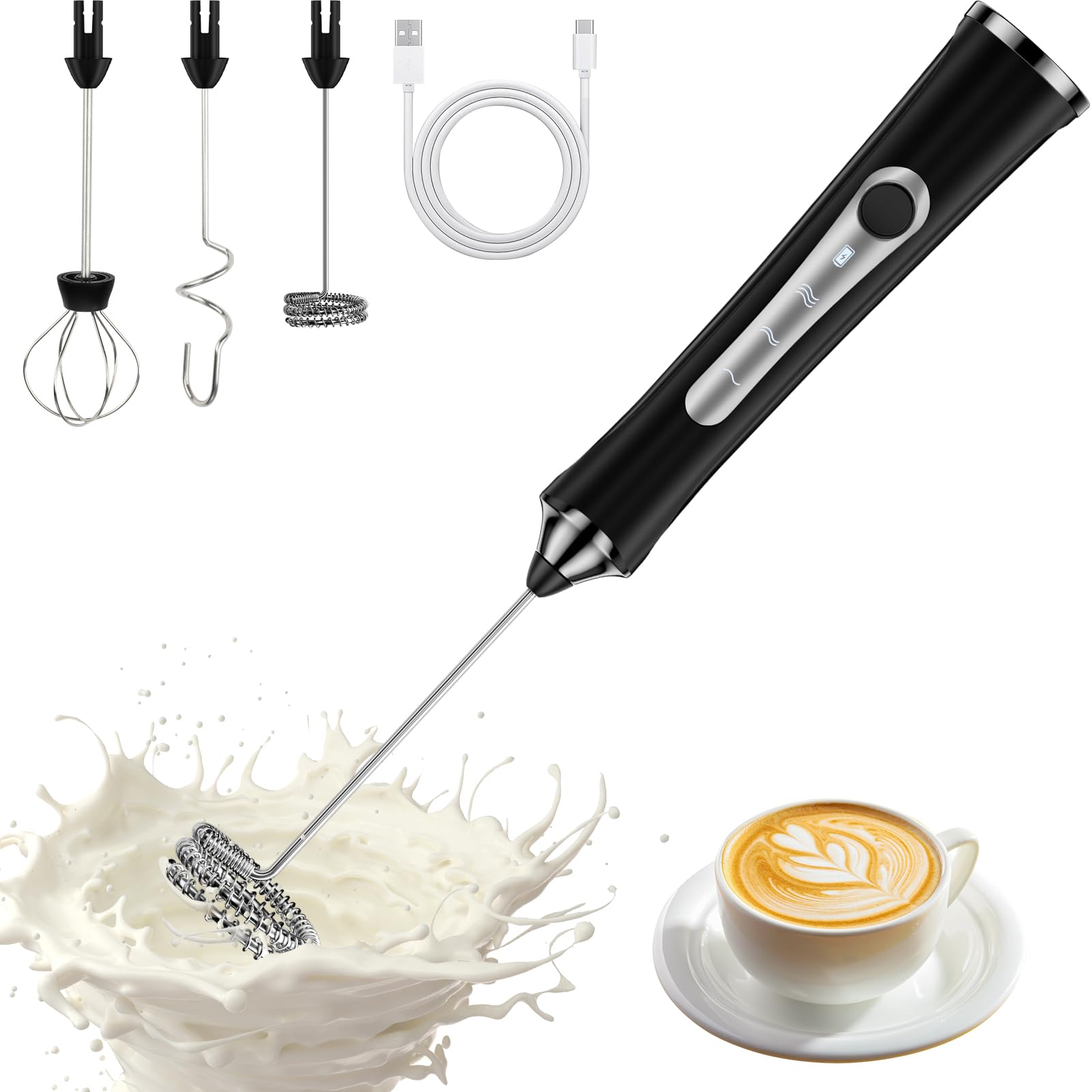 Mousseur à Lait Rechargeable USB - 3 Vitesses, Avec Fouet Inox, Pour Café, Cappuccino, Matcha, Protéines - 9