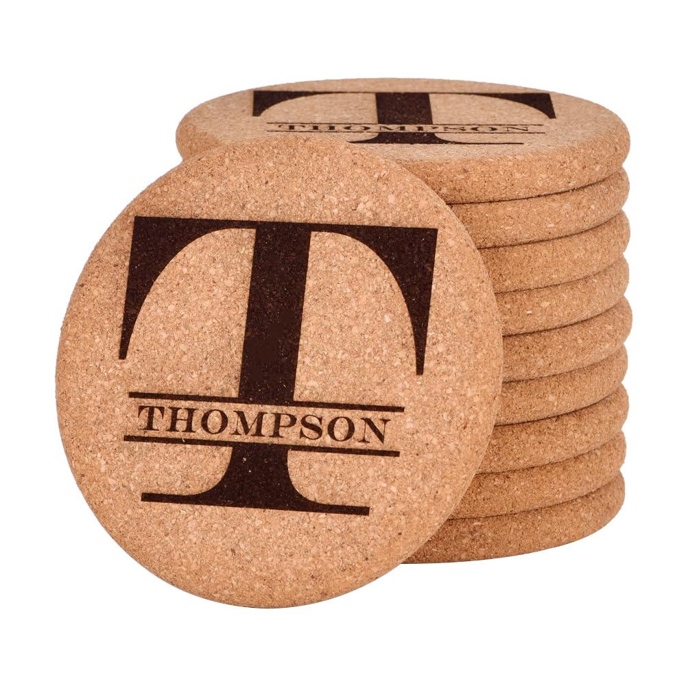 Personalized Cork Coasters for Drinks, Custom Engraved Absorbent Heat & Water Resistant Coasters for Cups and Mugs (T)