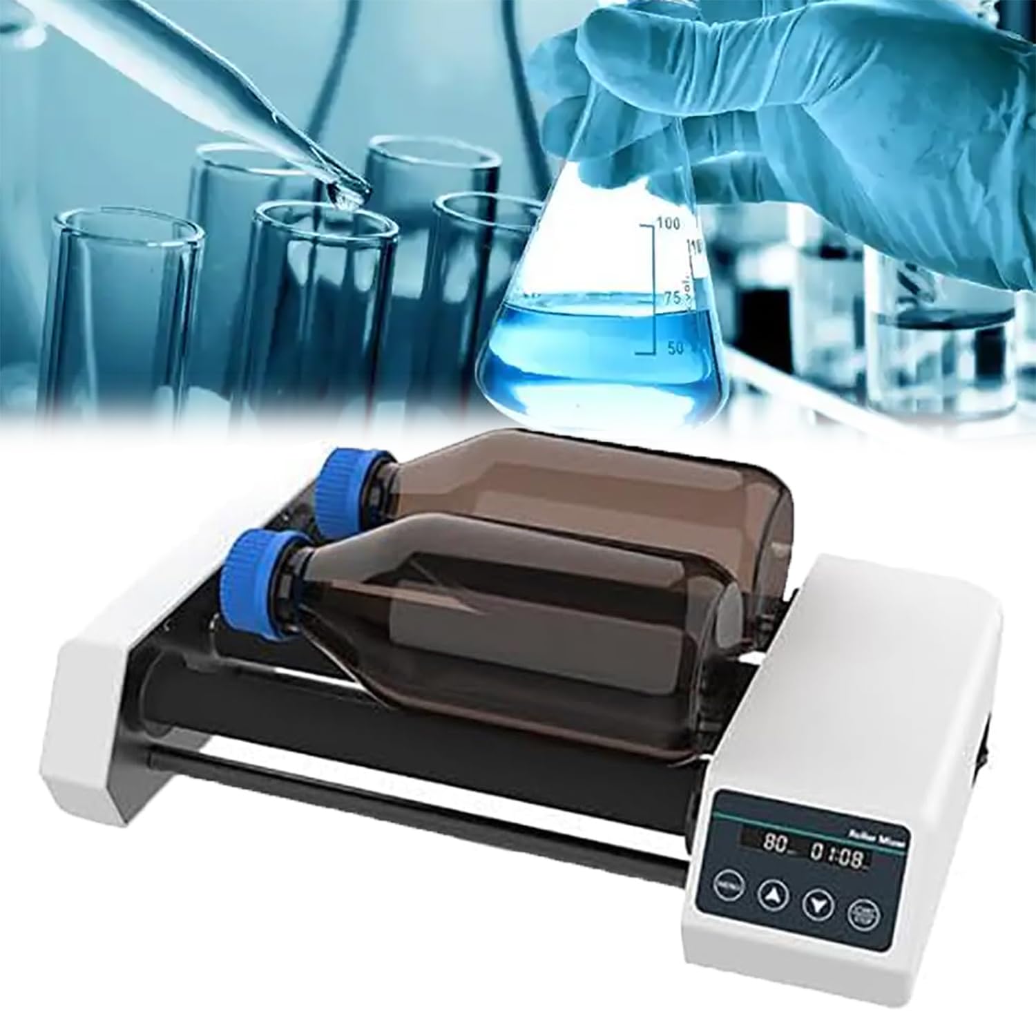 Agitateur à rouleaux pour laboratoire, agitateur numérique à 4 rouleaux pour flacons de réactifs, vitesse réglable de 20 à 80 tr/min et minuterie de 1 à 23 h 59 min, fonctionnement stable, p