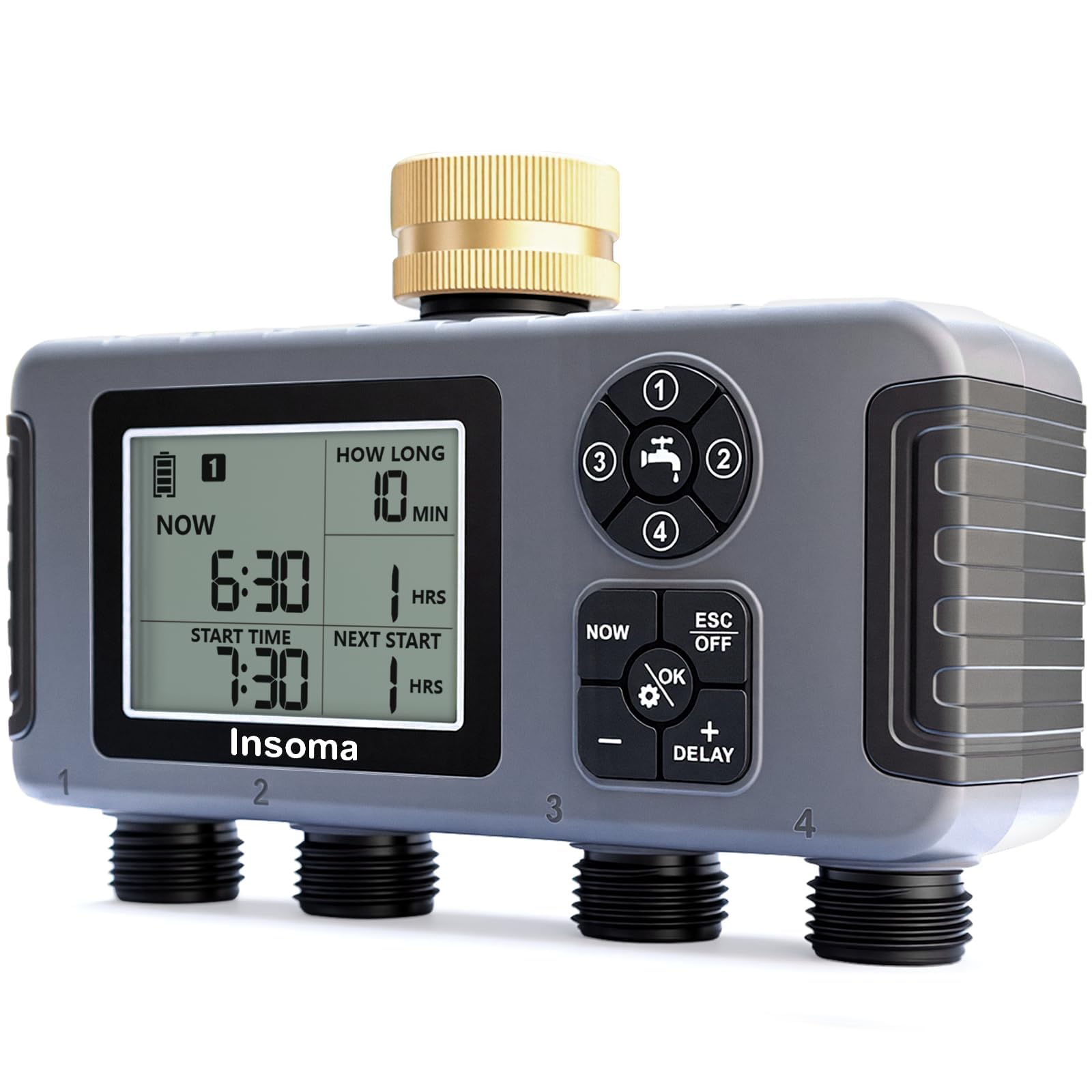Insoma Timer dell'acqua a 4 zone con ingresso in ottone, timer automatico per tubo da giardino con ritardo manuale/pioggia e grande display, timer per rubinetto impermeabile IPX5 per sistema di