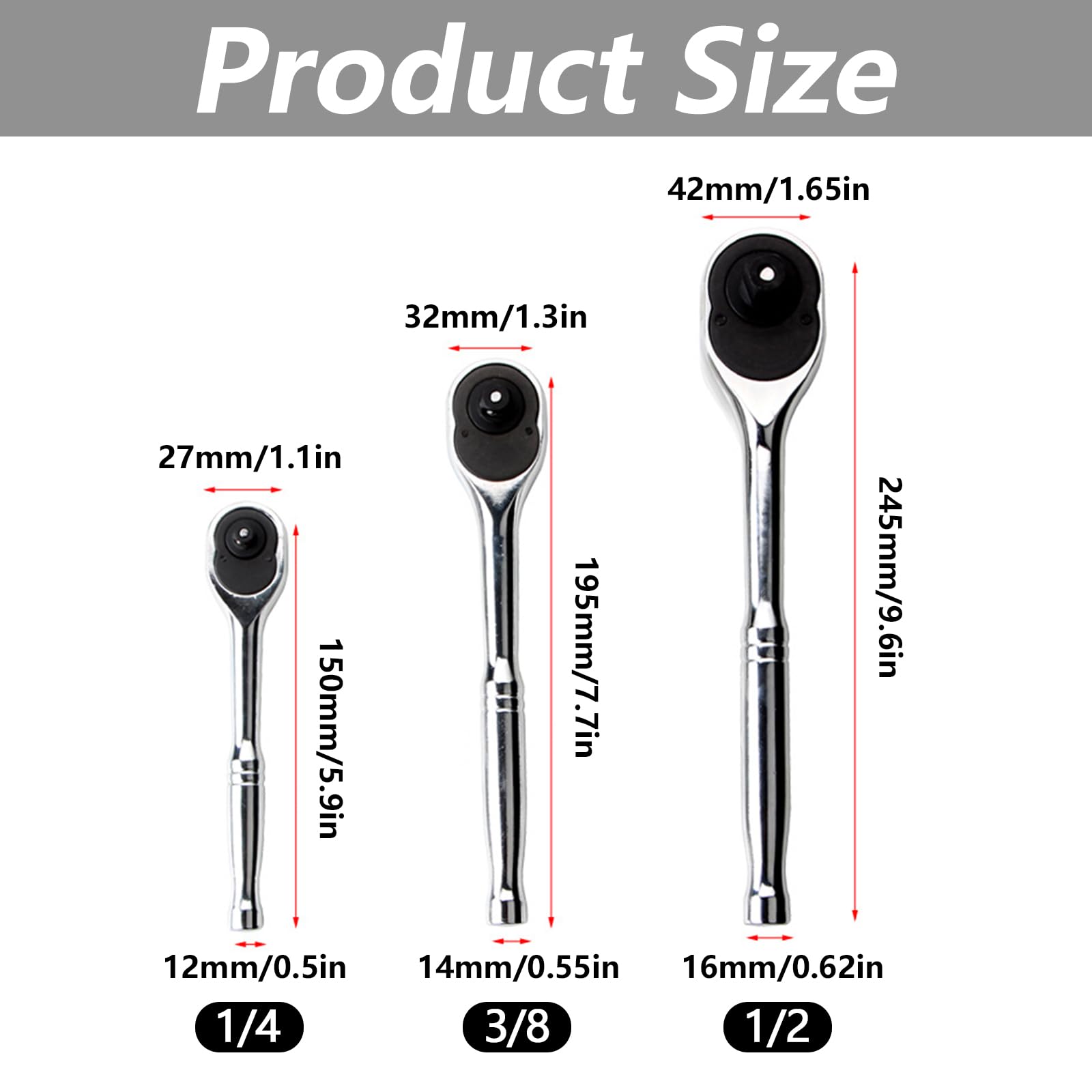 Set 3 Chiavi A Cricchetto Professionali - 1/4, 3/8 E 1/2 Pollice, 72 Denti Con Sgancio Rapido - Foto 12