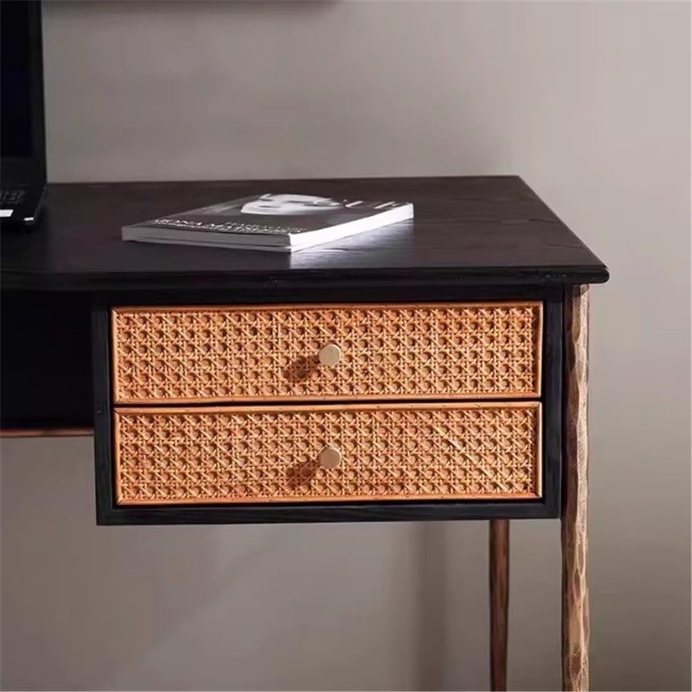 Table Bureau à domicile en chêne avec tiroirs rotin et structure métal