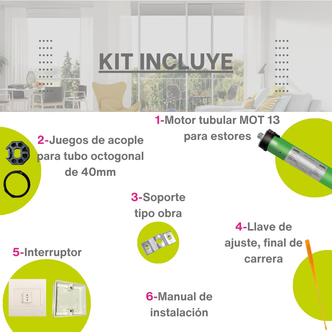 MOTIC - Mot 13 - Motor para estores enrollables, tubo octogonal de 40 mm para persianas y estores, Motores para automatizar estores, persiana electrica interior. Hasta 30 KG