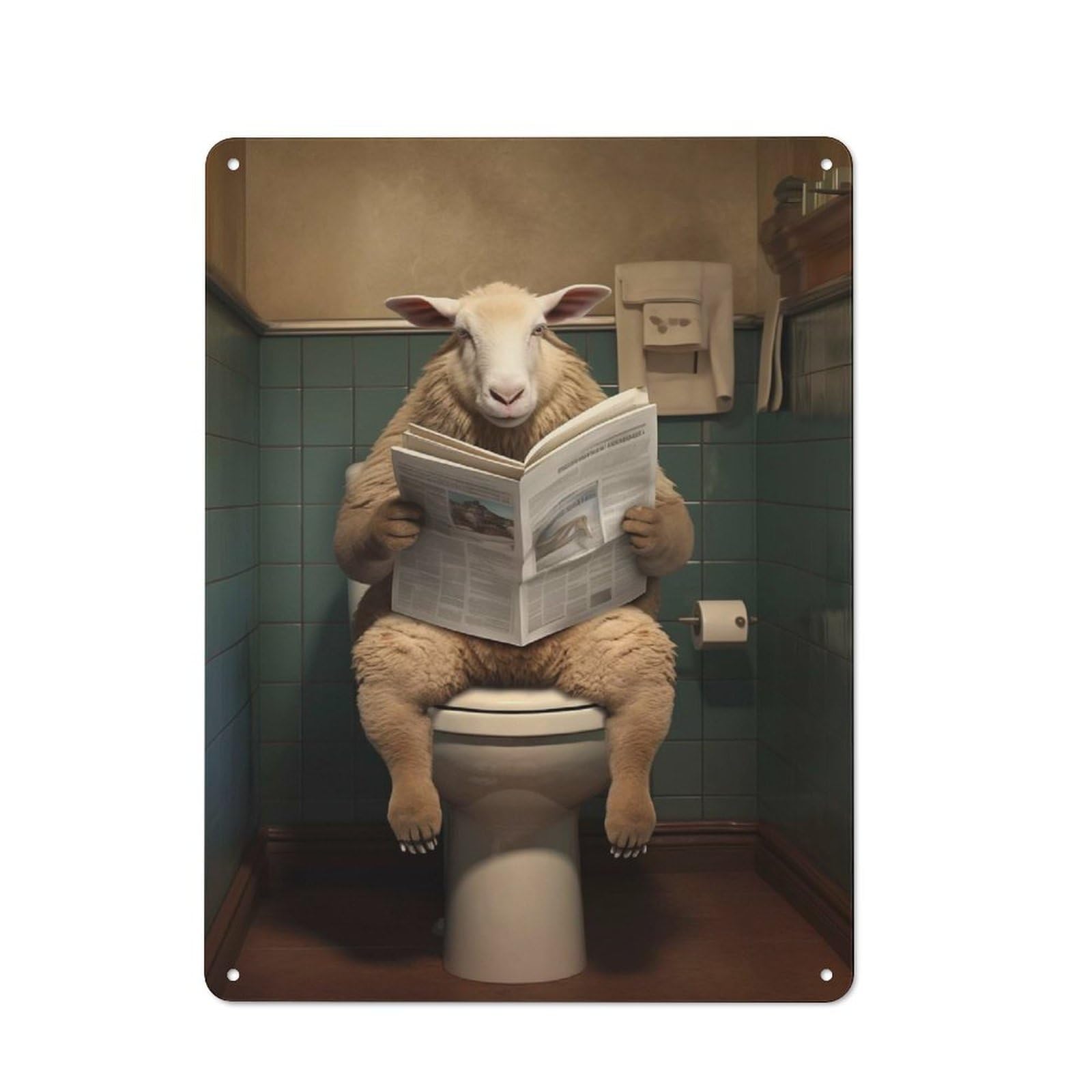 Junmoney Sheep On Toilet Newspaper Vintage Tin Sign 40X30cm Featuring Porch Wall Decor For Patio Bar, Workshop, Shed Or Kitchen