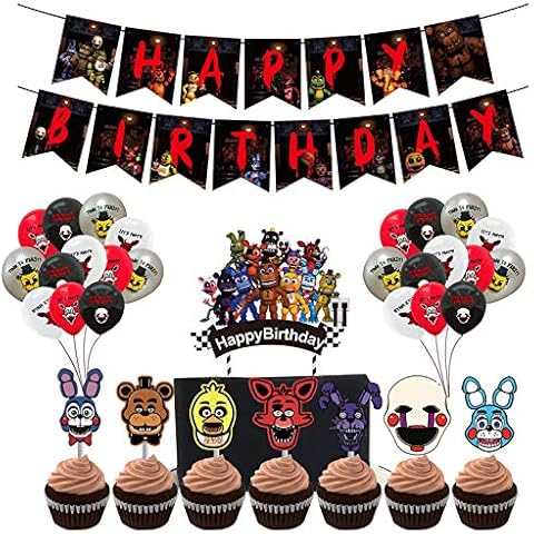 Five Nights at Fre-ddys Birthday Party Supplies Set, FNAF Birthday Banner, 1 Balloons, 1 Big Cake Topper, 7 FNAF Character Cake Toppers, 24 Pcs Balloons - FNAF Theme Party Favors Decorations Cover