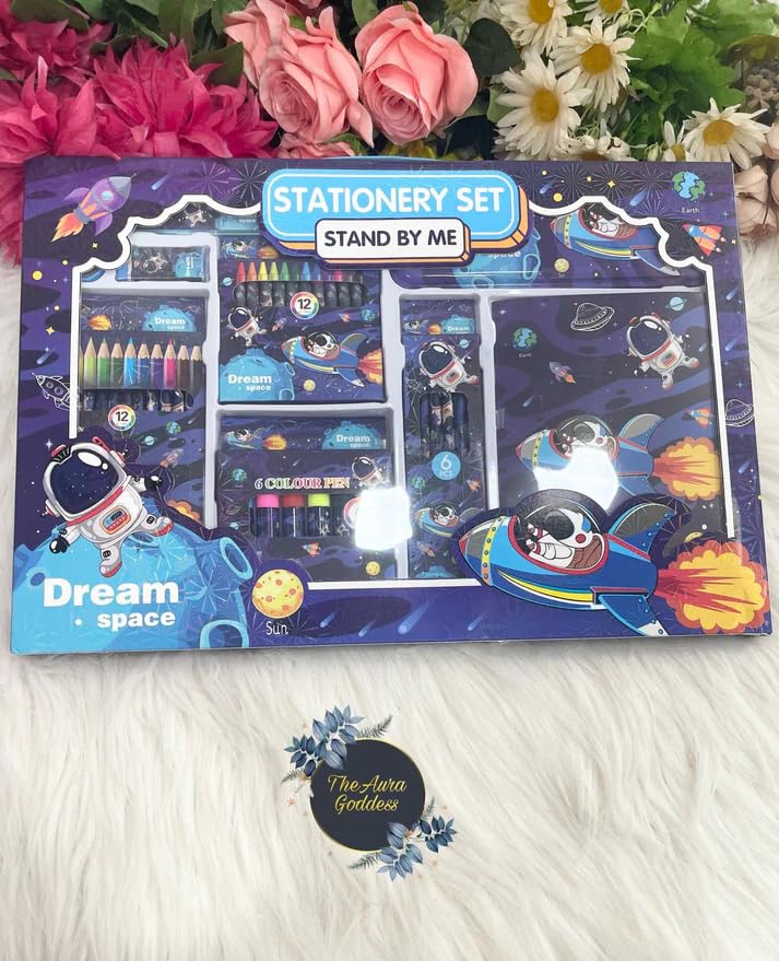 Image of WISHKEY 41 Pieces Space Theme All-in-One Stationery Set Stationery Items with Pencil Box Notebook Scale Eraser Sharpener Crayons Color Pencils Color Pens Pencils Return Gift for Birthday Kids Blue 6+