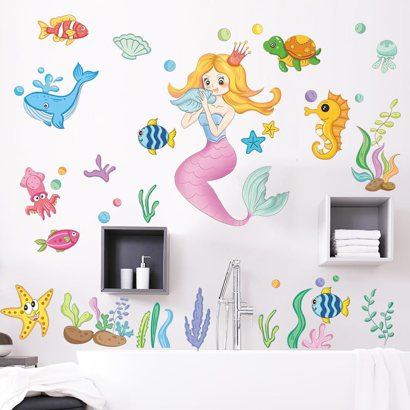 Image of Sea Mermaid Ocean Theme Wall Stickers for Kids Baby Girl Wall Stickers for Kids Room Bedroom Bathroom Playroom Nursery Living Room Decor Wall Art Nursery Kids Room Decoration Boho