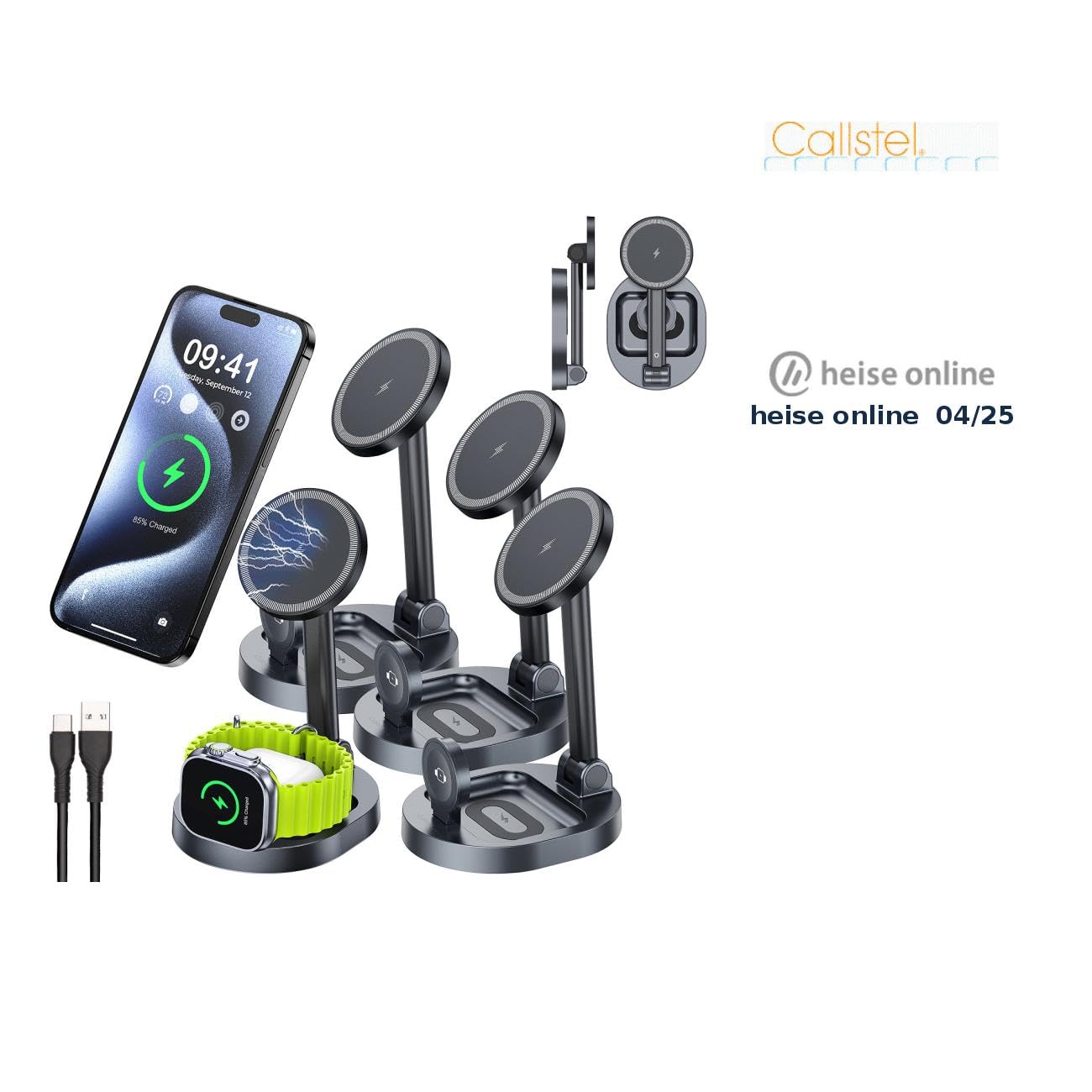 Callstel iPhone Schnellladegerät: 4er-Set 3in1-MagSafe-Ladestationen für iPhone, Apple Watch und AirPods (MagSafe Charger Stand, Dockstations)