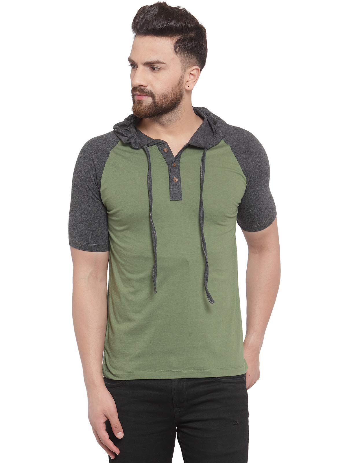 kalt Men's Half Sleeves Dual Colour Cotton Blend Hoodie(Green::Dark Grey Melange)-picture-21