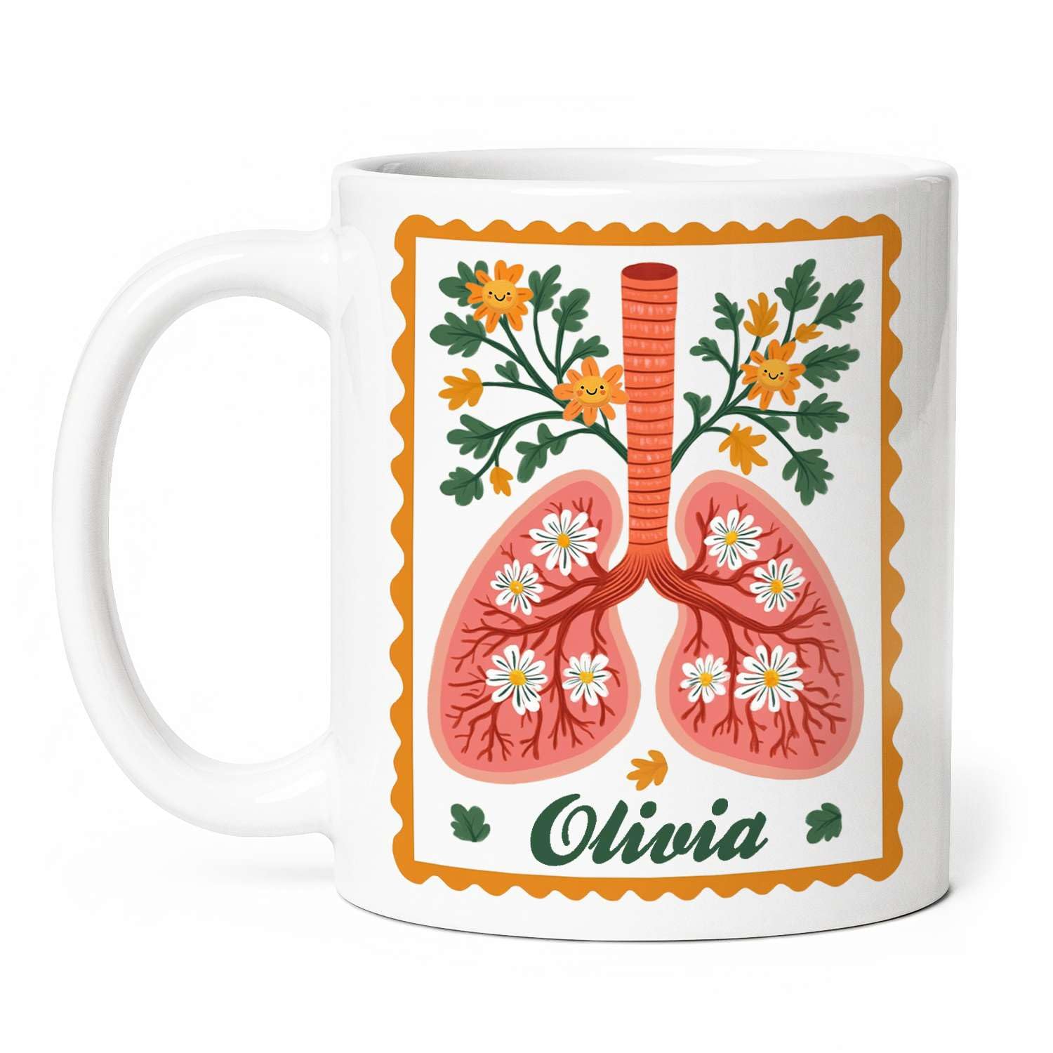 Personalized Floral Lungs Art Mug, Gift For Medical Students, Customized Choose Name Ceramic Cup, Cute Lungs With Flowers Design Coffee Mug, Custom