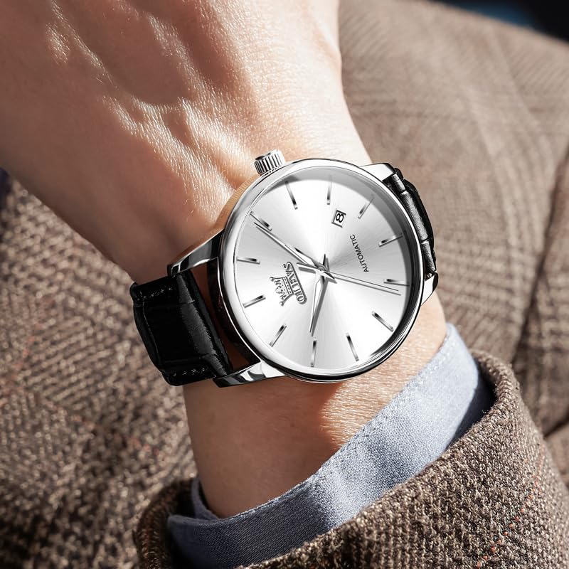 OLEVS Men's Automatic Watches Black Leather Band Silver Big Dial Waterproof - image 2