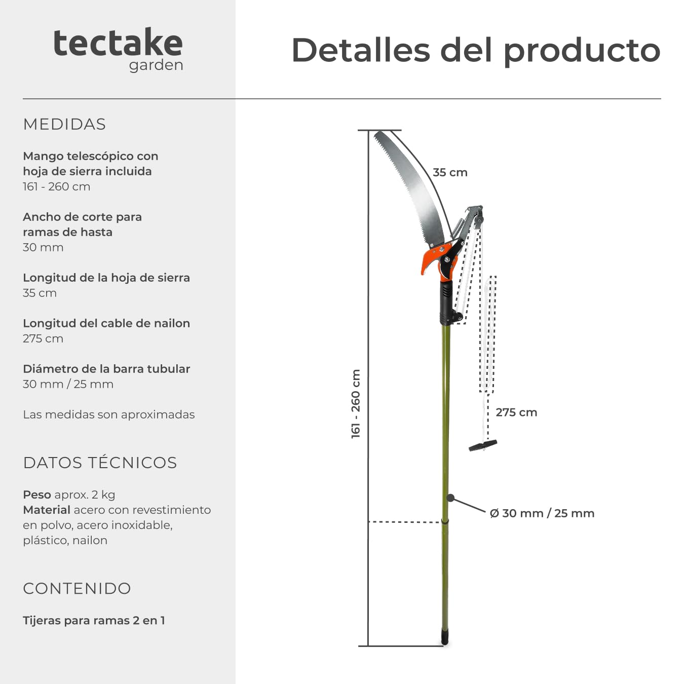 tectake® Cortarramas con Pertiga Podar, Herramientas Jardin para Guardar en Casetas Jardin, Cuidar Decoración Jardín, Kit Jardineria, Herramientas Jardineria, Altura Máxima 4 Metros - 260 x 35 x 3 cm
