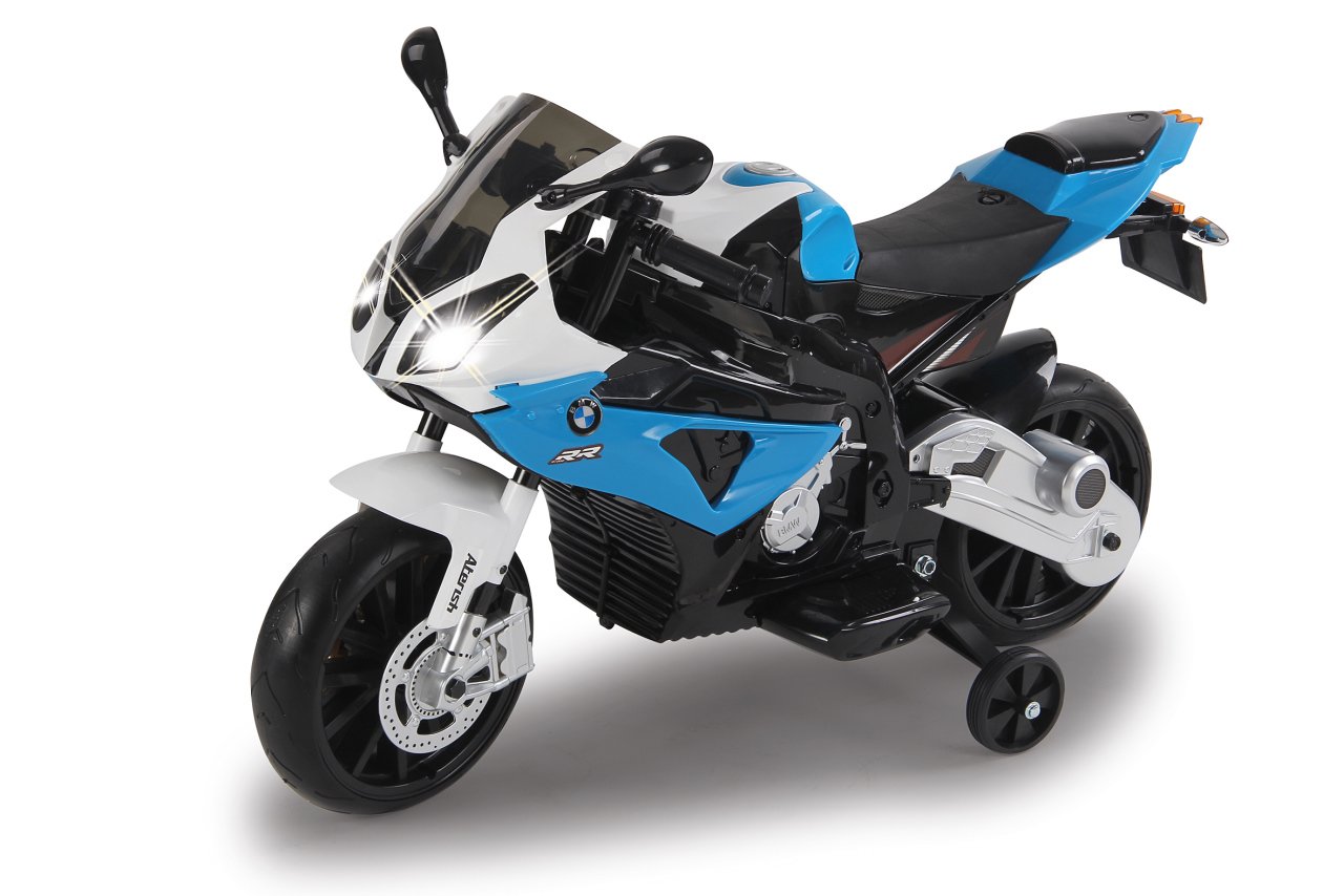Jamara 460281 Ride-on motocykl BMW S1000RR niebieski 12 V-2-biegowy, wydajny silnik napędowy i czas jazdy akumulatora do 90 min, klakson, odgłosy silnika, reflektor LED, koła podporowe zdejmowane, stojak boczny