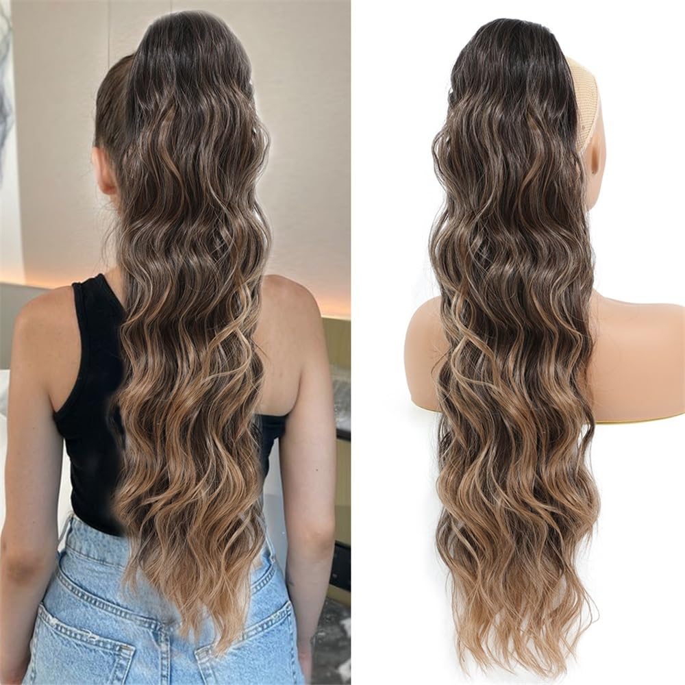 Extensión de cola de caballo, Extensión de cola de caballo sintética de 71 cm con cordón y clip, mojada y ondulada(Dark brown)