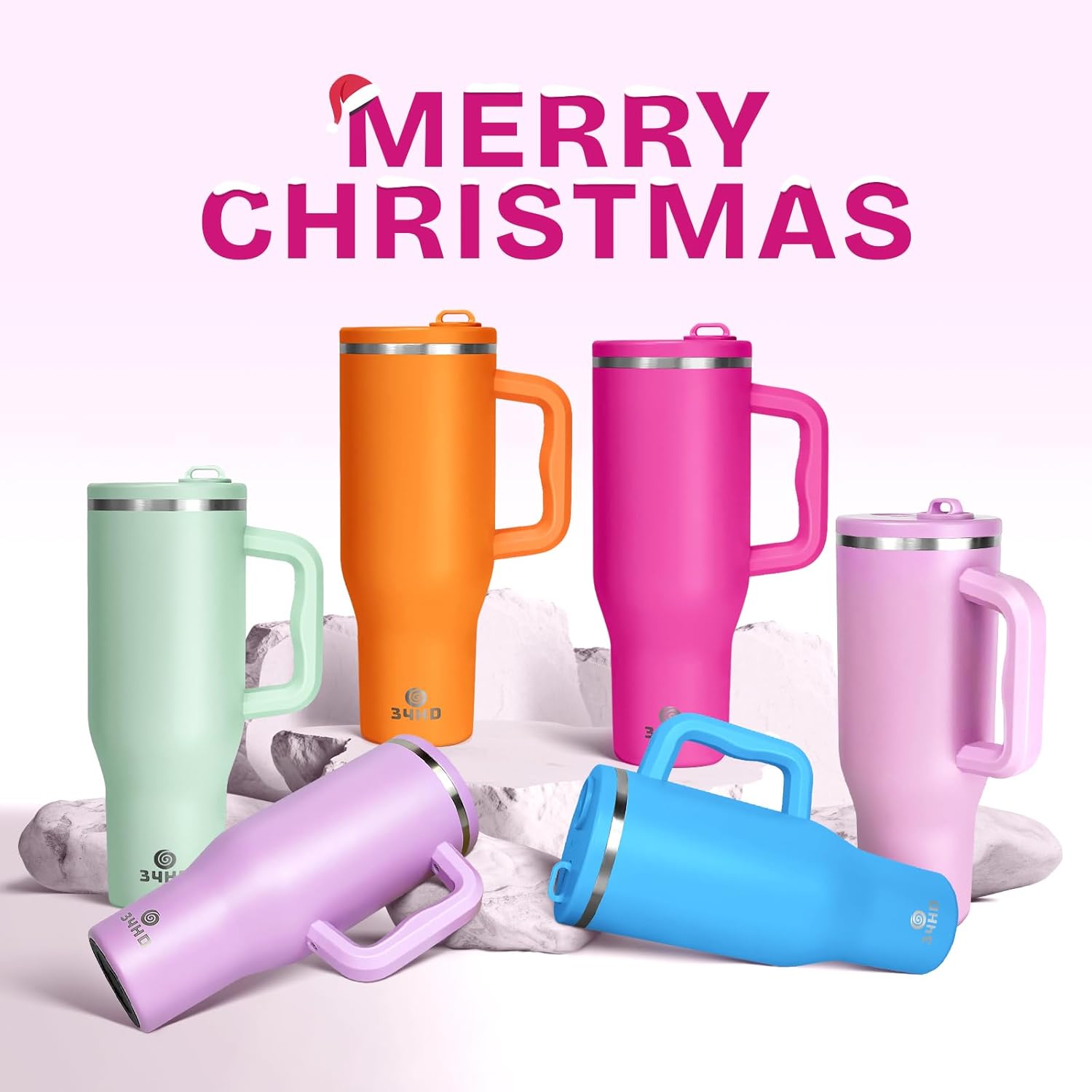 34HD 40 oz Stainless Steel Tumbler - Leakproof Insulated Water Bottle with Handle, Magnetic Lid and Flexible Straw - Iced for 48 Hours – Perfect for Men, Women, Birthday Gift, Pink - Hot Pink - Image 9