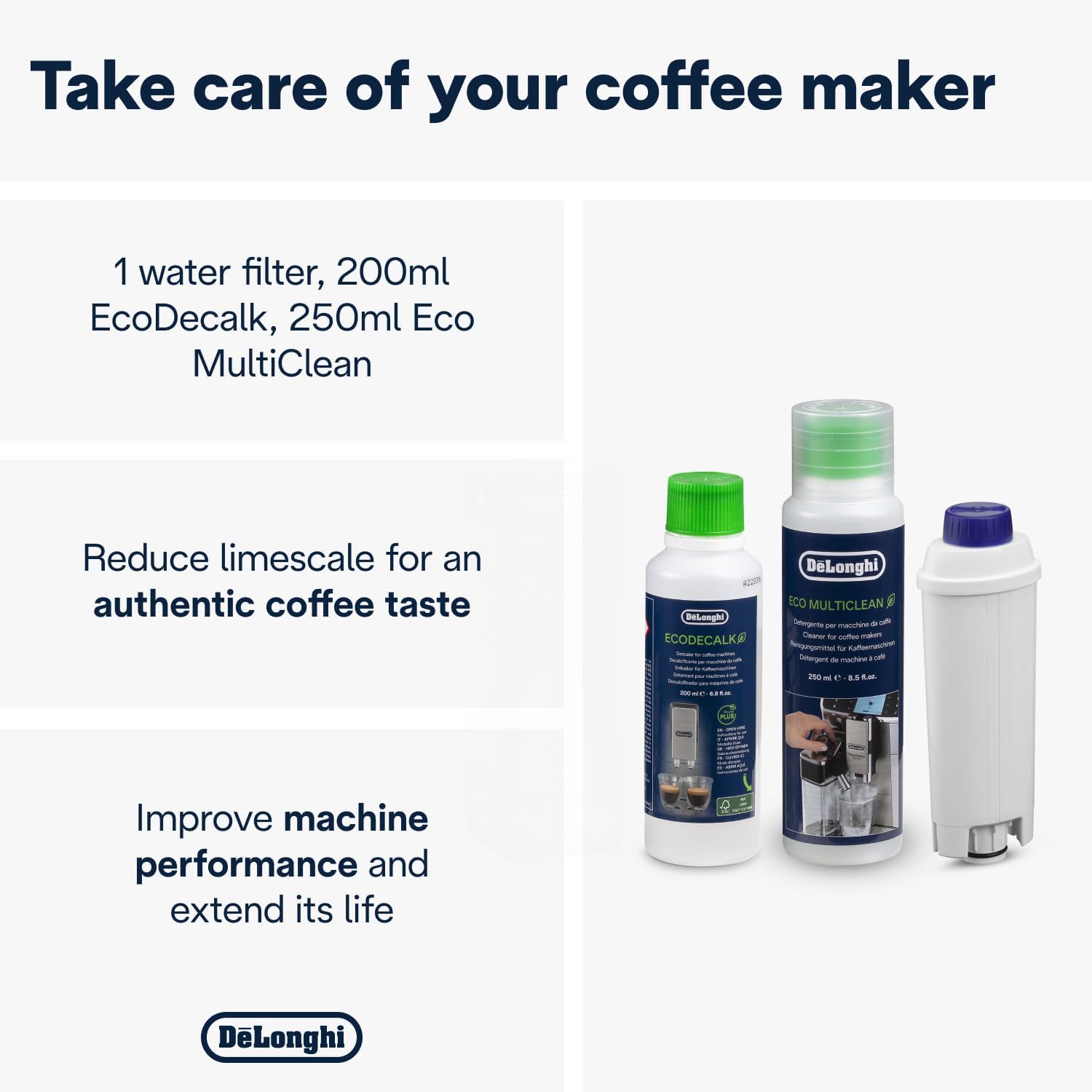 De'Longhi Coffee Care Kit DLSC306, Maintenance Set for Coffee Makers with Water Filter, EcoDecalk Descaler, Eco MultiClean, Microfibre Cloth, Water Hardness Test, Coffee Machine Maintenance Accessory 3 61wy0LYmHcL. AC SL1500