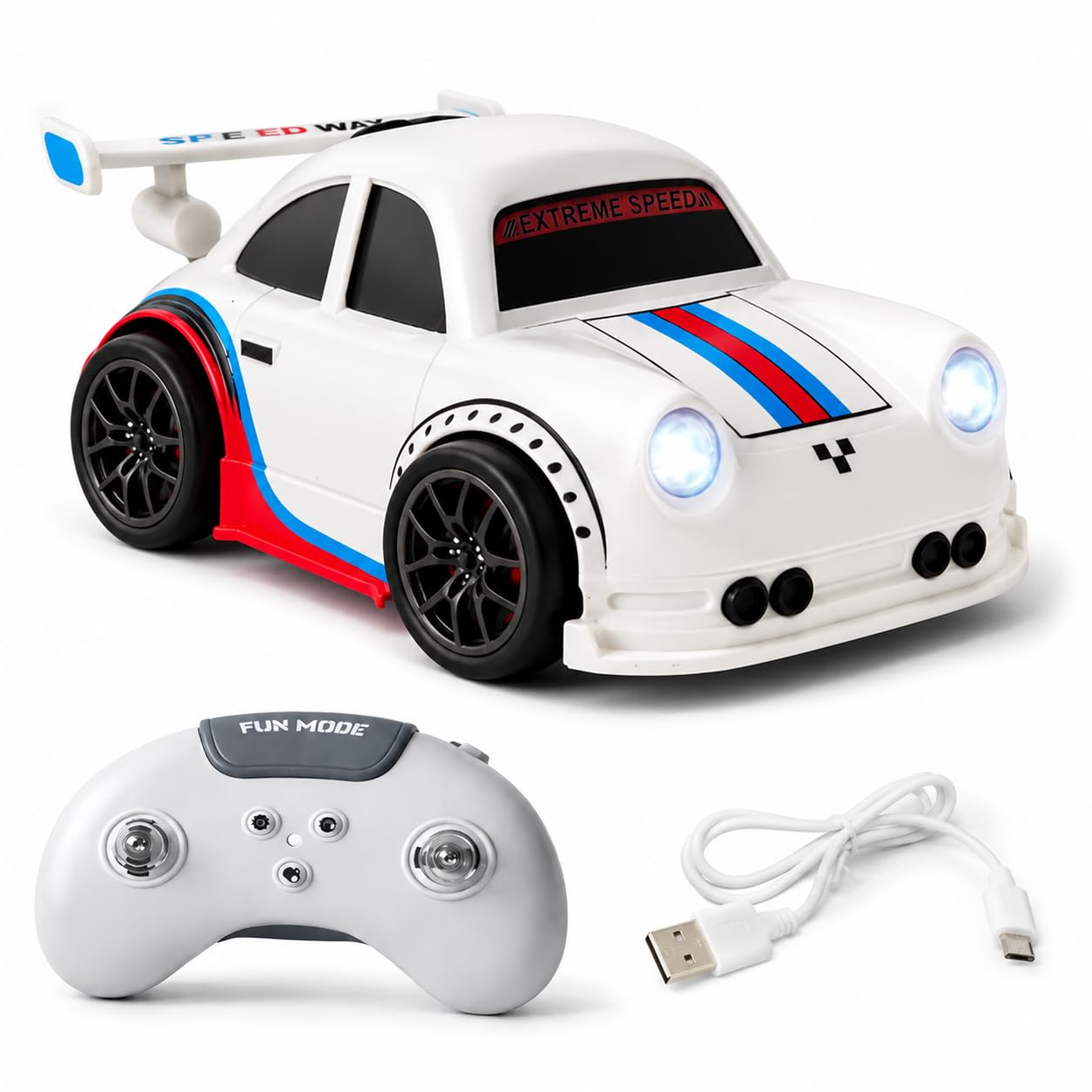 Remote Control Car Toy, Mini 2.4G RC Drift Racing Car with Follow & Escape Modes, One-Key Auto Demo, LED Lights and Music, Type-C Rechargeable Sports Car for Kids & Adults, White-image-29