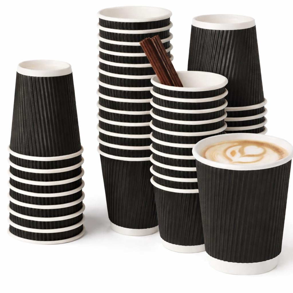 Elite® 8oz Black Ripple Wall Coffee Cups with Lids (Black or White) – Insulated Kraft Disposable Hot Drink Cups – 50, 100, 150, 200, 500 & 1000 Pack (No Lids, 200)