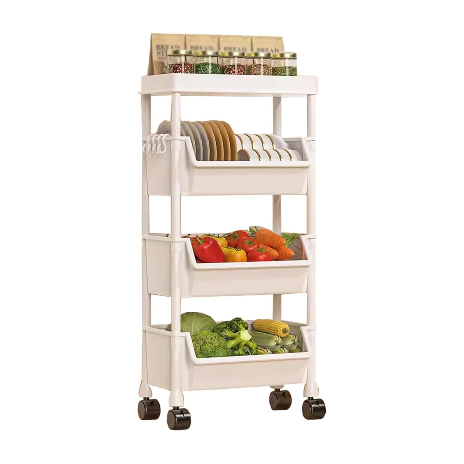 Carrito rodante de 3 niveles con estante extraíble y ruedas, pequeño estante de almacenamiento para baño, dormitorio, cocina y lavandería, material plástico, ahorro de espacio