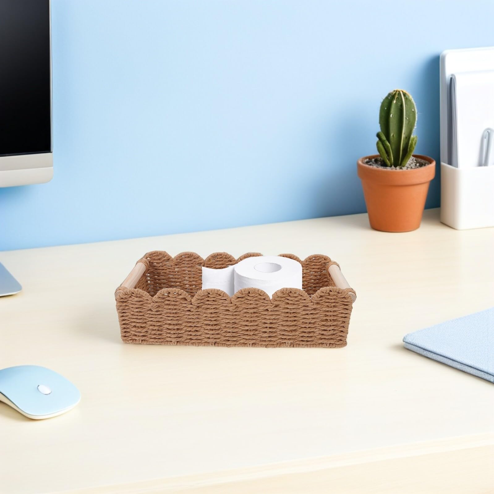 Cesta de Almacenamiento para Papel Higiénico con Borde Festoneado y Asas de Madera, Cesta Grande y Pequeña de Cuerda de Papel Tejida, Organizador Decorativo para Baño y Estante, 2