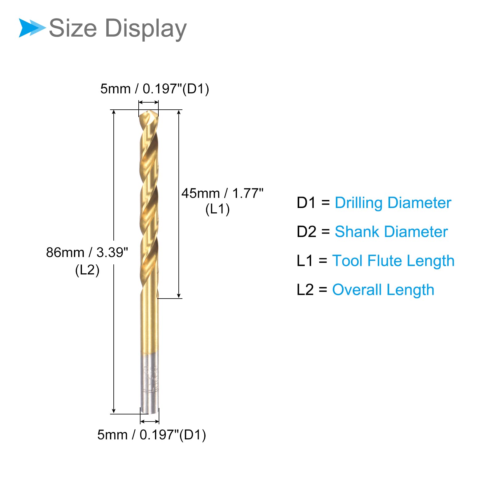 CoCud Twist Drill Bits, 5mm Drilling Diameter, Titanium Coated High Speed Steel 6542 Straight Round Shank - Image 2