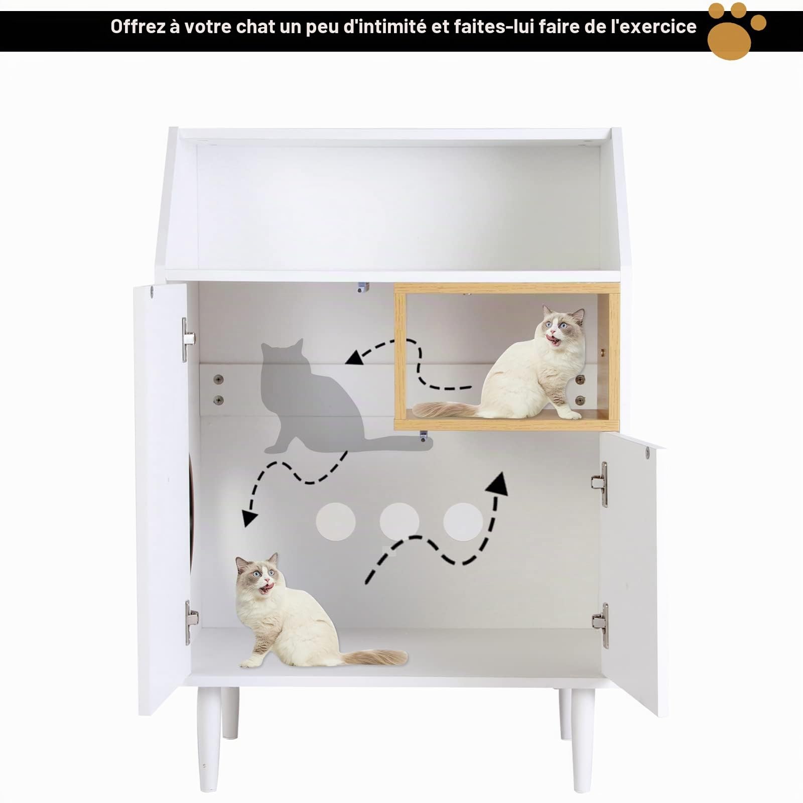 SDHYL Enceintes de bac à Litière Chat Meuble Cachée Armoire de Rangement Salon pour Chat 63 x 42.5 x 92cm Maison pour Chats d'intérieur avec 2 Trous, Ouvert en Haut