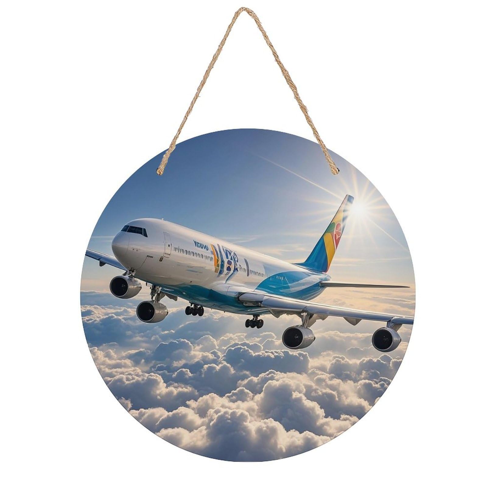 FekiLoot Round Airplane Wall Art Decor Painting Wooden Hanging Sign with Ropes Bohemian Wall Hanging Retro Mid Century Modern Wall Art for Home Bedroom Living Room 7.9x7.9 in