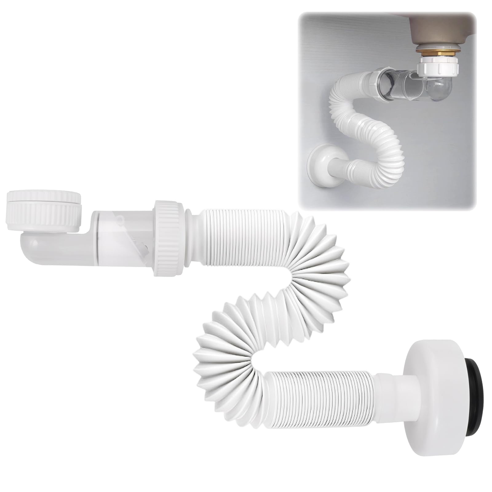 G1 1/4 zoll Siphon Lavabo Evier Cuisine Set, Siphon Plastique Gain de Place, Syphon Salle, Evacuation Evier Adaptable en à l'épreuve des Odeurs, Tuyau de Vidange Flexible Universel pour Salle