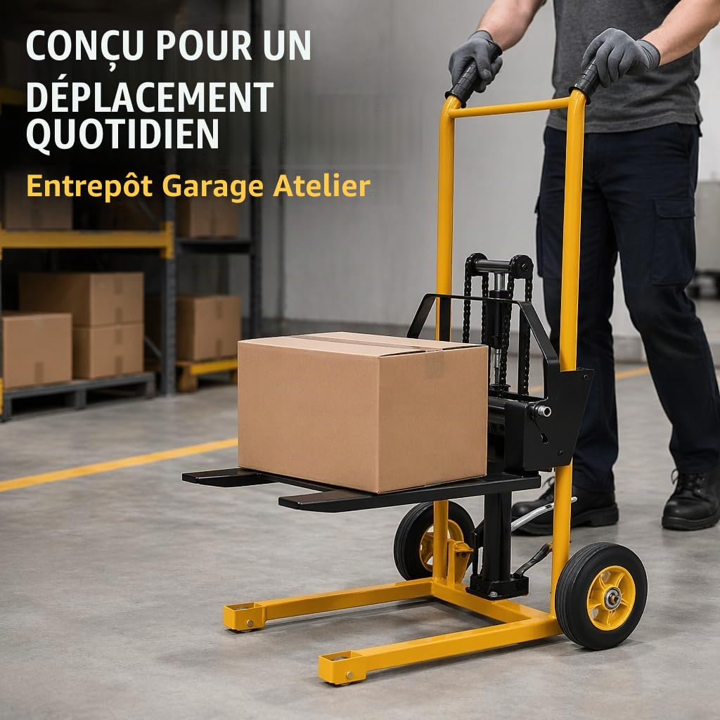 Transpalette Manuel Hydraulique 200 kg Empileur Gerbeur avec Fourches Réglables et Pieds Fixes Hauteur de Levage 90 cm Chariot Élévateur pour Atelier, Entrepôt, Magasin Matériel de Manutention