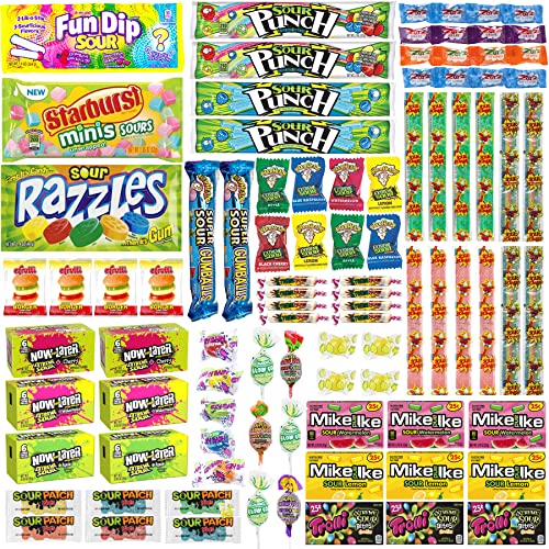 Sour Candy Variety Pack Bulk Individually Wrapped Candies Assorted - Halloween Huge Party Mix of Sour Belts, Warheads, Razzles, Starburst and More (82 Count Variety Pack)