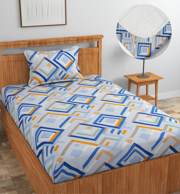 Image of NEW LEAF Premium Cotton Elastic Fitted Bedsheets with 1 Pillow Covers |Printed Single Bed Elastic 220 TC Supersoft Breathable & Wrinklefree | for 72x36+6 Inches, Blue White
