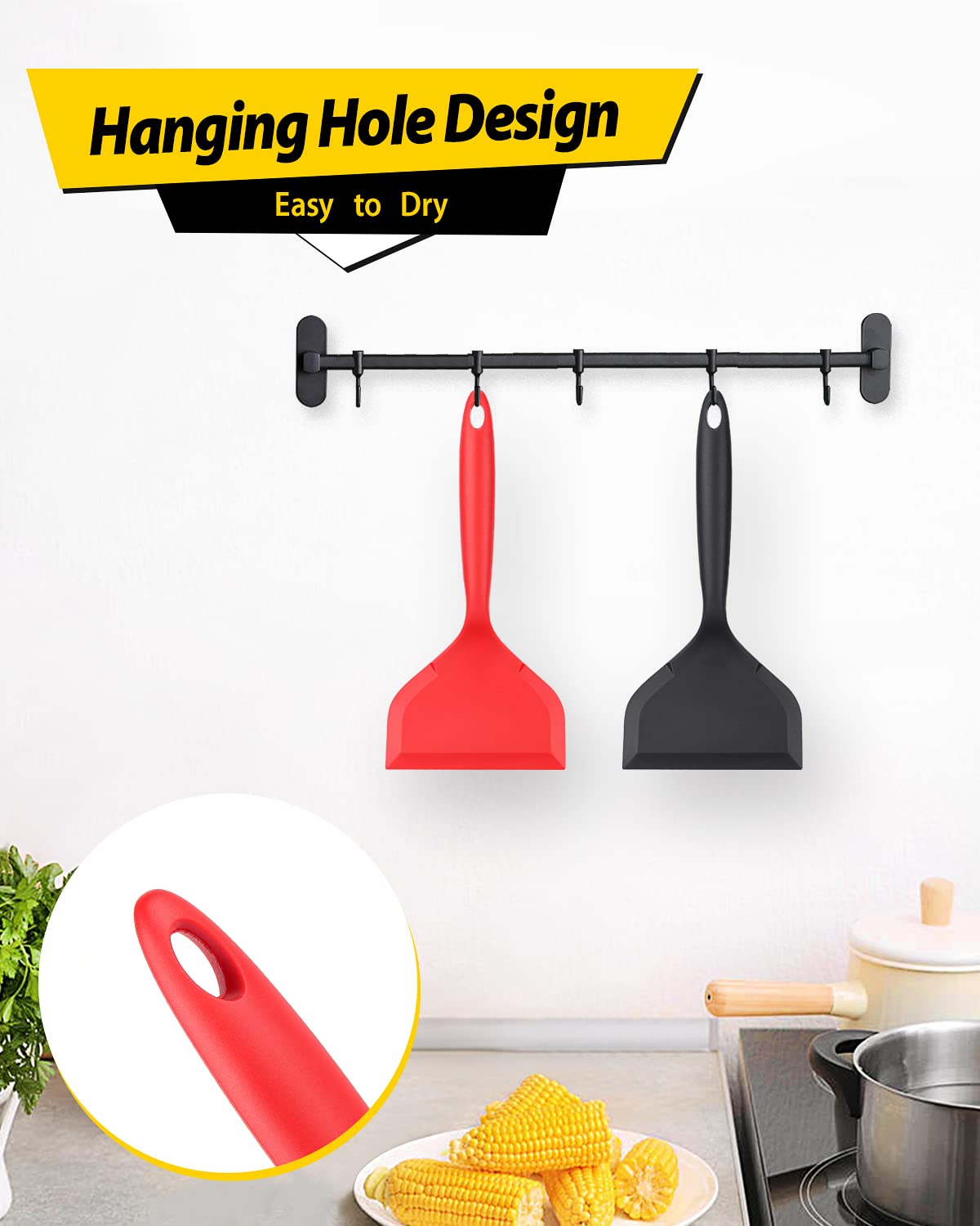 Paquete de 2 espátulas anchas de silicona, pala antiadherente para panqueques con mango corto, girador flexible frito, utensilios de cocina sin BPA para huevos, galletas, tortillas, pescados, 6