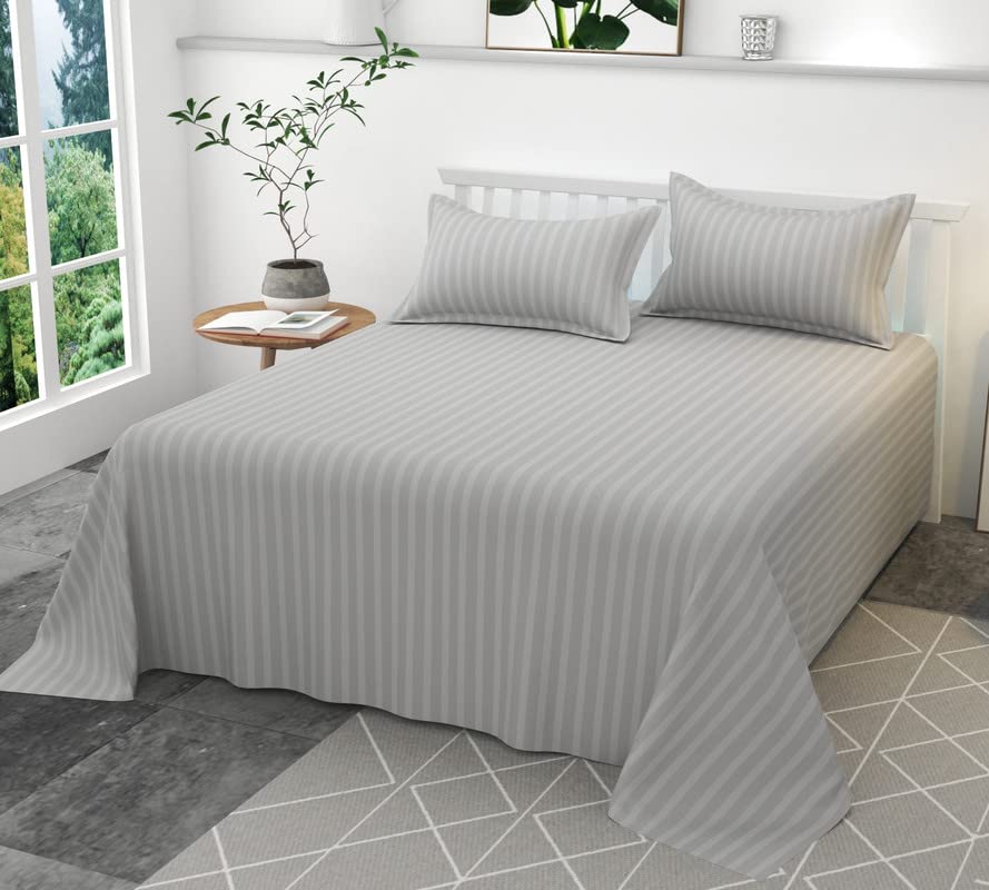 MAYSHA CREATIONS 300TC Glace Cotton Plain Stripe Queen Size Double Bedsheet with 2 Pillow Cover for Home, Hotel, Guest Room (90 X 100) Inch Silver Pack 5
