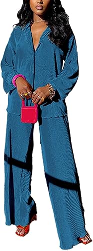 kaimimei Conjunto casual de 2 piezas para mujer Camisa de lino de manga larga con botones + pantalones acampanados plisados de pierna ancha