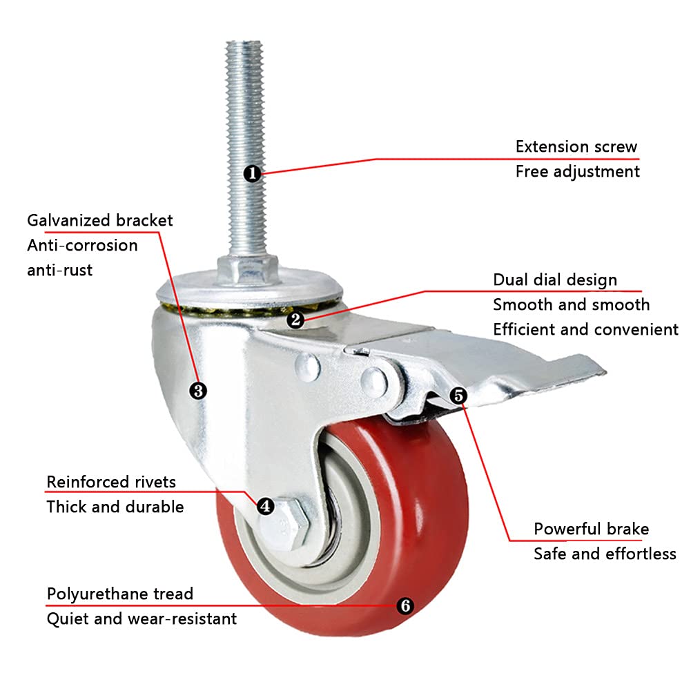 Schwerlastrollen 4 Zoll, M12x60mm Gewinde Verschleißfest 100mm Pu Universal- Drehen Lenkrollen Mit Bremse 540KG Doppellager Industriell Transportrollen Zum Gerüst Werkbank