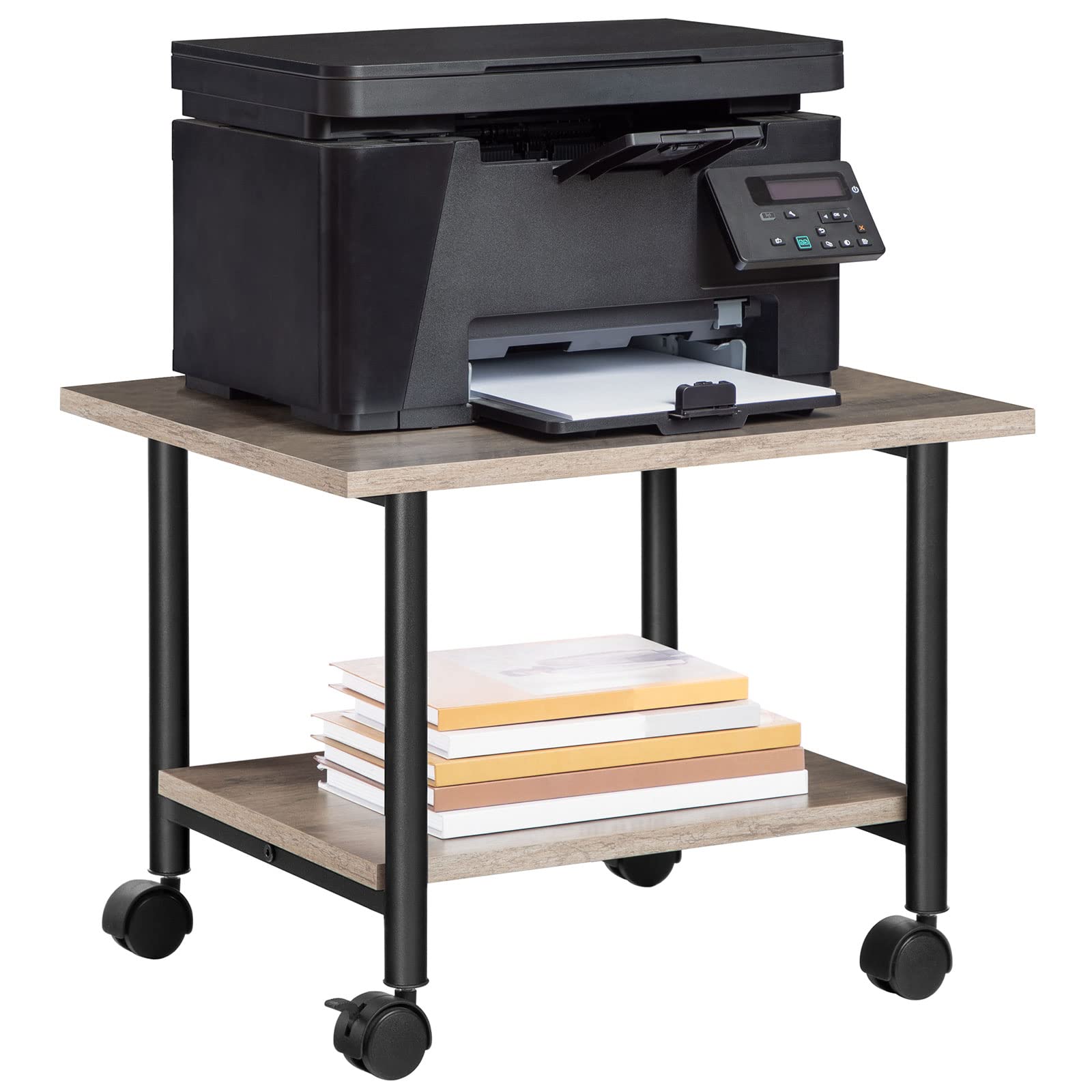 HOOBRO Soporte de Impresora, Carro Móvil con Ruedas y 2 Estantes, para Oficina, Casa, Copiadora, Escáner, Microondas, Macetas, Estructura Metálica, Greige y Negro EBG02PS01