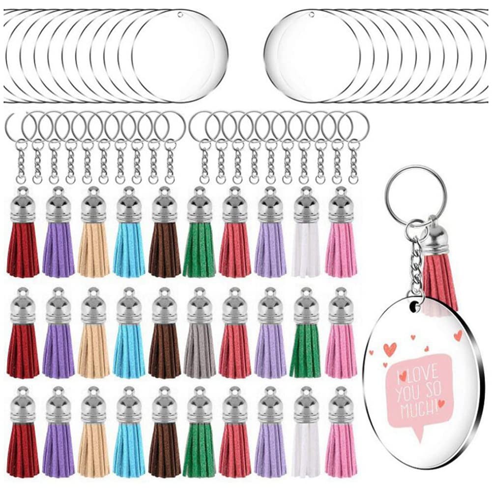 CTRLZS Acrylic Circle Keychain Blanks Clear Kit 120Pcs for Vinyl Project, Including Acrylic Disc Blanks, Tassels, Silver