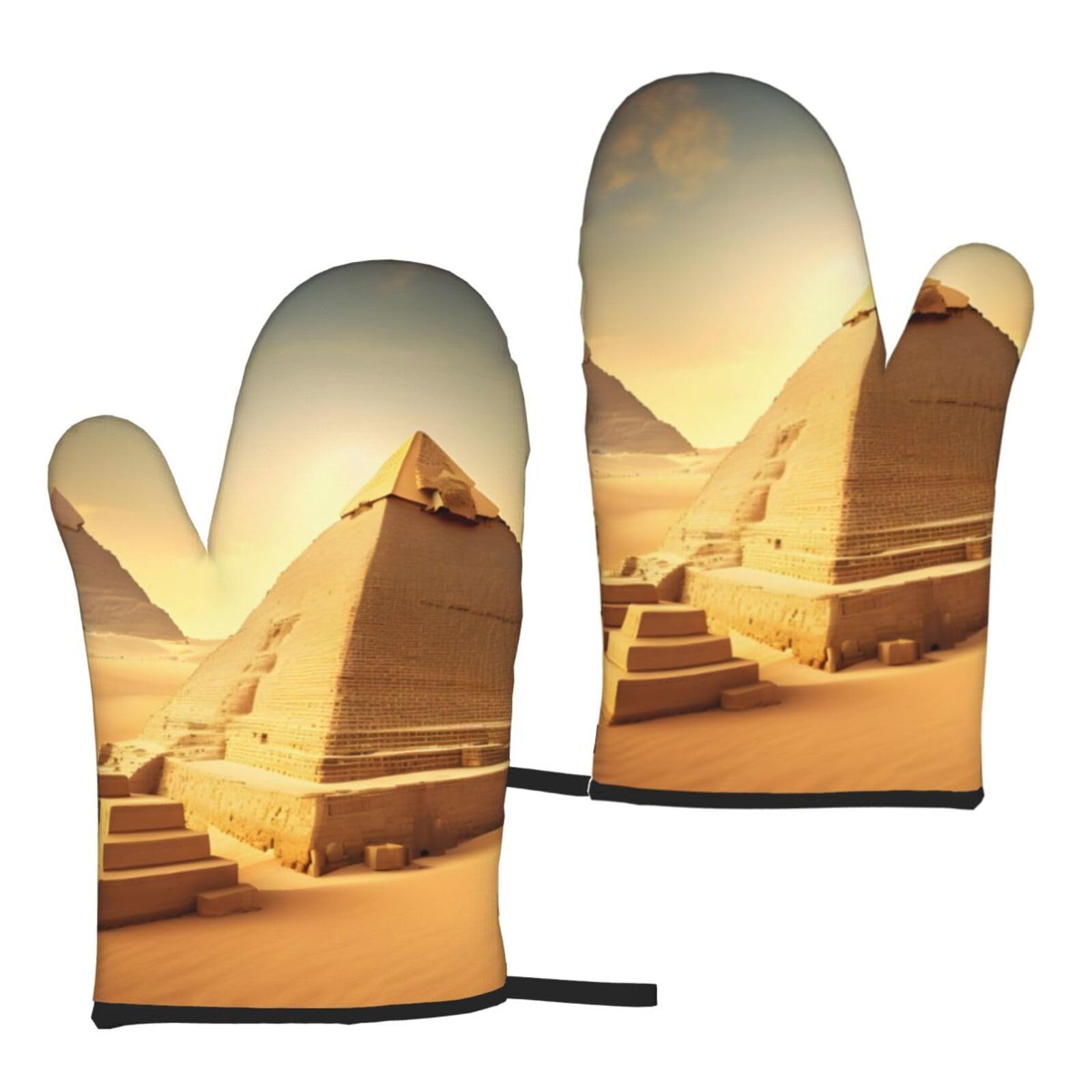 Egyptian Pyramid In Desert Print Heat Resistant Universal Fit Oven Microwave Gloves Home Cooking Baking Grilling